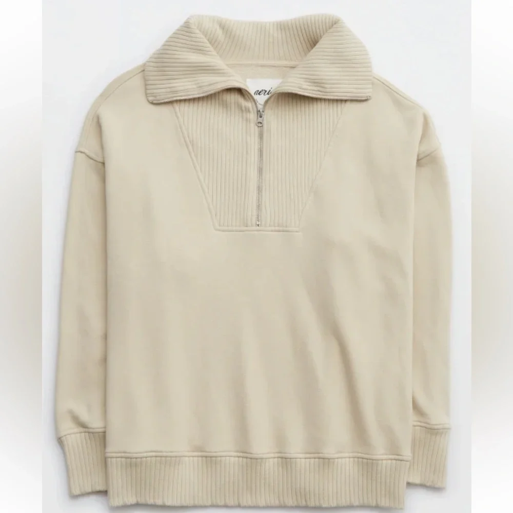 Aerie Down-to-Earth Quarter Zip Sweatshirt - Small Off White, Cozy‎ & Stylish